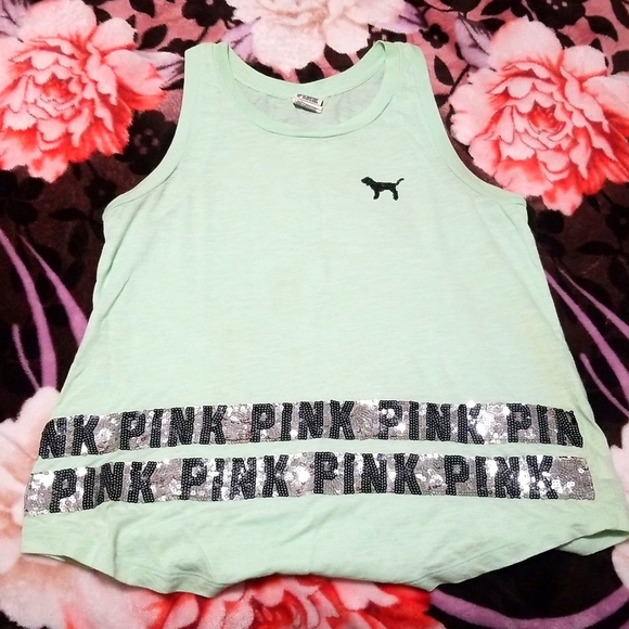 PINK Victoria's Secret Tops - PINK Victoria's secret, womens M, light green with black and silver sequined